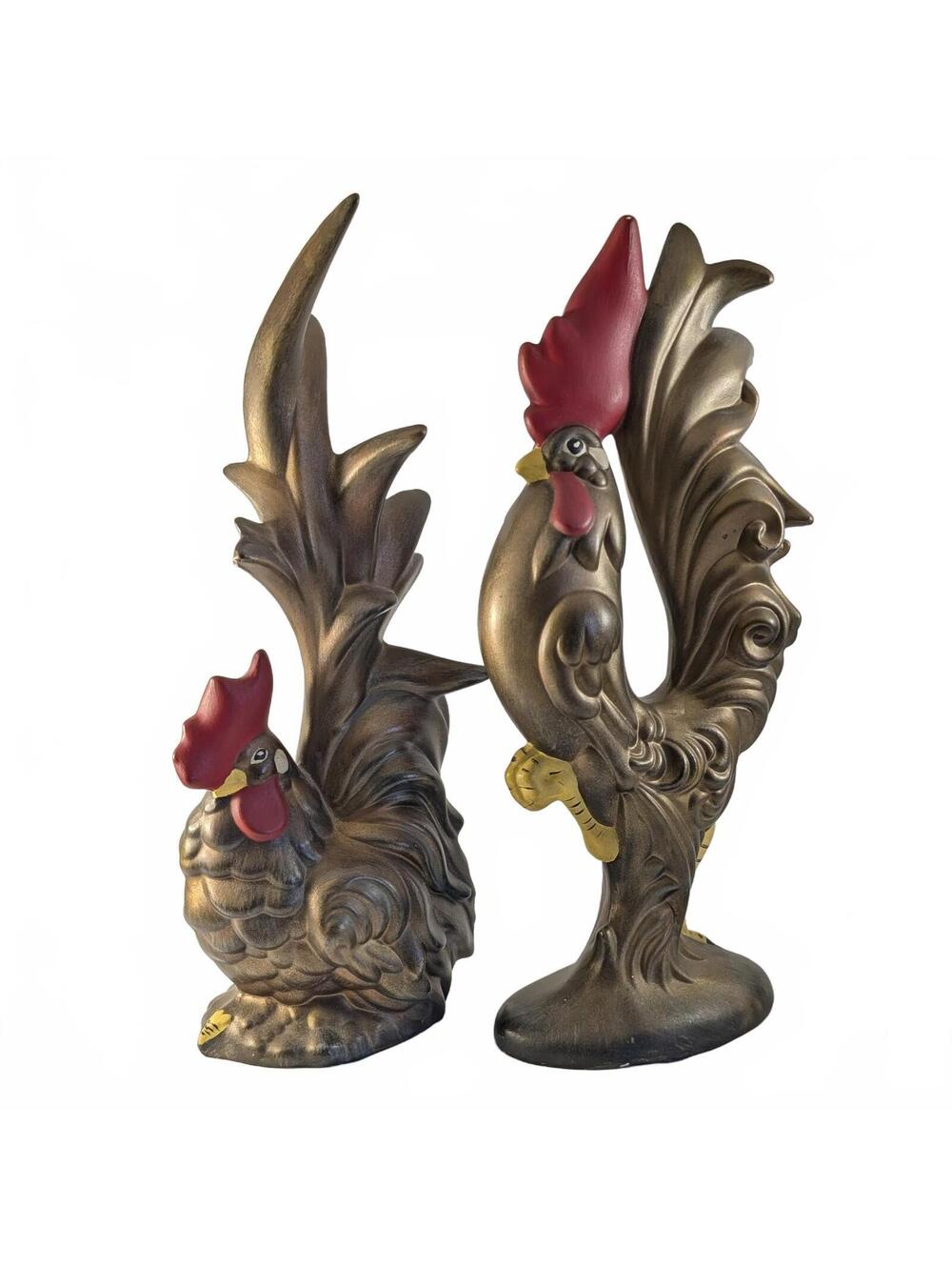 Vtg MCM Hen & Rooster Ceramic Statue Pair